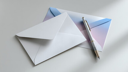 White and Pastel Envelopes with a Silver Pen on a White Surface