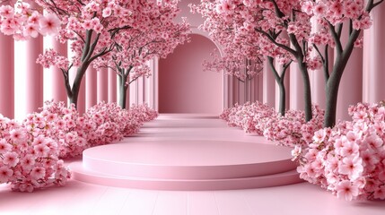 Dreamy pink floral display stage, perfect background for showcasing cosmetics and jewelry, and ideal for elegant product advertising