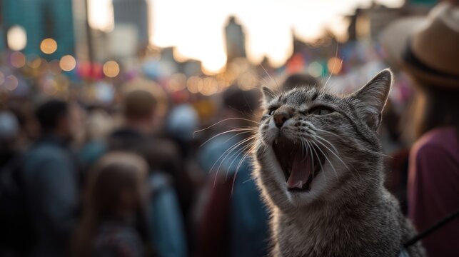 Tabby cat yawns open mouth outdoors with blurred people background