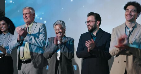 Applause, presentation and success with business people on stage together for award ceremony. Conference, motivation and trade show with employee group clapping on podium for development seminar - Powered by Adobe