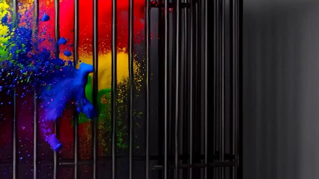 Colorful paint explosion behind metal cage