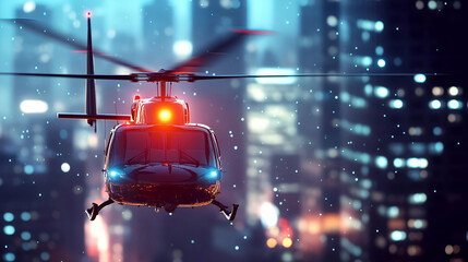 Night Helicopter Flying Over Cityscape