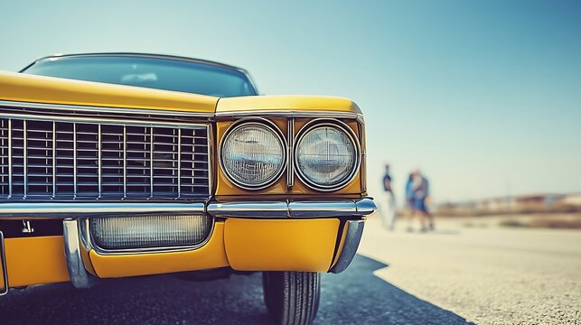 Fototapeta Close-up of a vibrant yellow vintage car's front grille under a bright blue sky