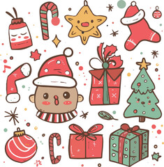 Cute Christmas Doodles Set with Festive Elements. Cute Christmas Clipart Set for Holiday Design
