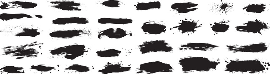 Brush Strokes Vector Set, Black Paint Splatters on White Background