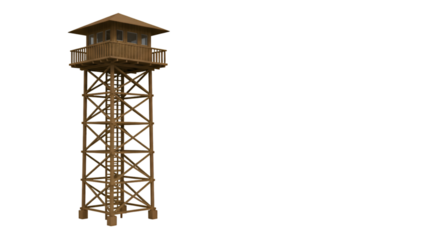 Wooden Lookout Tower with Balcony and Ladder Structure Observation Post