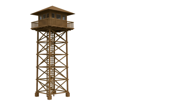 Wooden Lookout Tower with Balcony and Ladder Structure Observation Post