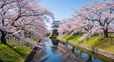 Obraz premium Beautiful cherry blossoms reflecting in a tranquil moat.