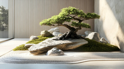 Modern Bonsai Garden Display With Rocks And Gravel