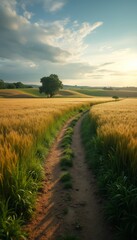 Fototapeta premium Serene pathway through golden fields under a vibrant sky