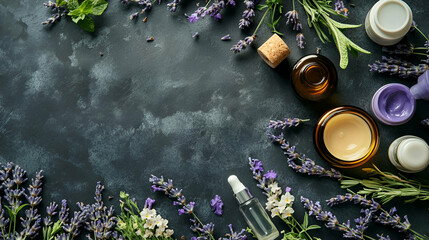 Lavender And Herbal Beauty Products On Dark Background