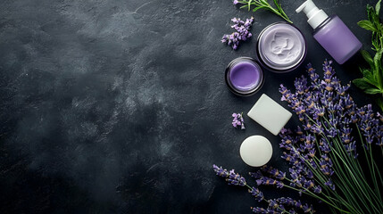 Lavender Skincare Products On Dark Stone Background