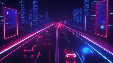Neon Highway Through Futuristic City At Night