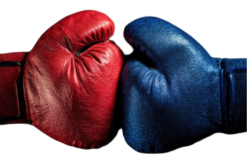 Close-up of two boxing gloves, red and blue, facing each other against a black background