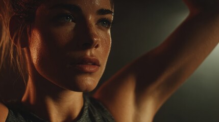 Close up of a determined athlete woman taking a deep breath, her face and body glistening with sweat after an intense workout, showcasing the dedication and physical exertion of athletic training