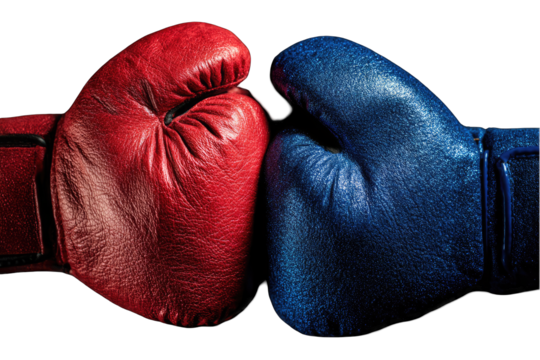 Close-up of two boxing gloves, red and blue, facing each other against a black background