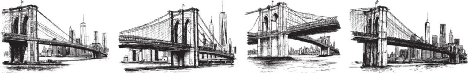 Brooklyn Bridge Hand Drawn Vector Illustration on White Background