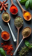 Aromatic spices beautifully arranged in wooden spoons