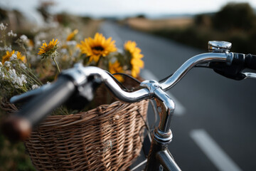 Cesta de bicicleta con flores amarillas, símbolo de libertad y paseos al aire libre.
