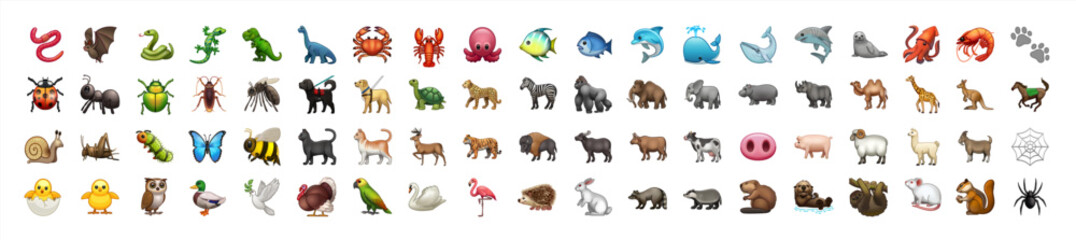 All Animal Emoticons in One Big Set. Birds, Reptiles, Mammals Animals Icon Collection. Animal Vector 10 eps.