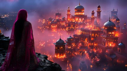 A crimson-clad woman gazes upon a sprawling, illuminated city nestled in a misty valley at twilight, its numerous mosques and palaces aglow with warm light - Powered by Adobe