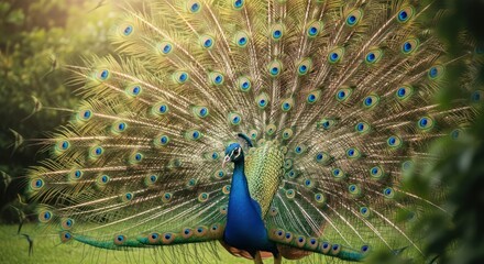 Obraz premium Peacock displaying its magnificent tail feathers.