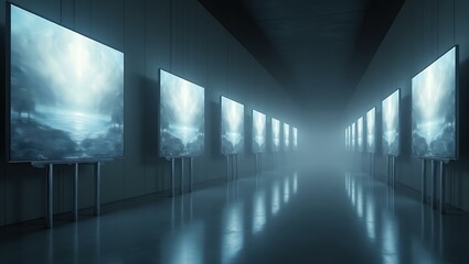 A modern art gallery featuring multiple illuminated screens displaying abstract imagery in a foggy, atmospheric setting.