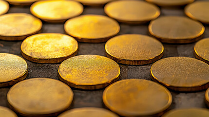 Close-Up of Shiny Golden Coins Arranged in a Detailed Pattern on a Rustic Surface, Highlighting Their Smooth Texture and Reflective Quality