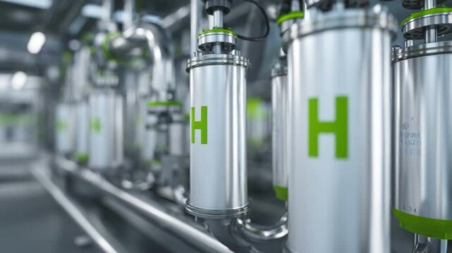 Hydrogen Canisters in Production: Rows of sleek, silver hydrogen canisters stand ready for use, emblazoned with a bold green "H", symbolizing clean energy and innovation.