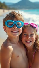Obraz premium Joyful siblings enjoying a sunny beach day
