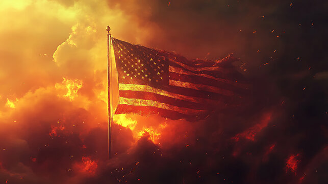 Distressed american flag waving amidst fiery sky symbolizing resilience and national pride in turbulent times