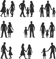 Silhouettes of family members walking and holding hands. black vector illustration for parenting love and relationship themed designs
