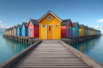 Fototapeta premium Vibrant colorful beach houses on a wooden dock