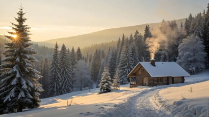 Snowy mountain winter landscape with a frosted forest and a cozy house under a vast sky