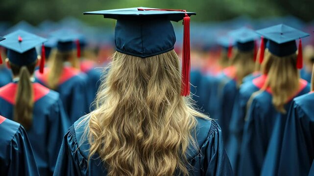 Graduation ceremony, backs of graduates in caps and gowns