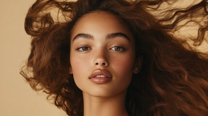 Naklejka premium Model with flowing hair showcases natural beauty during editorial shoot in a studio setting