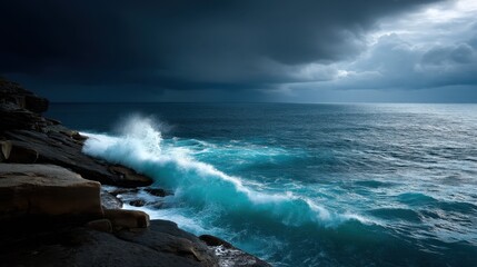 Obraz premium Wave spray erupting against a coastal cliff in a storm, moody light filtering through dense, layered storm clouds