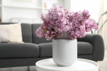 Beautiful lilac flowers in vase on table indoors, space for text
