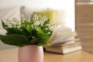 Bouquet of beautiful lily-of-the-valley at home, closeup