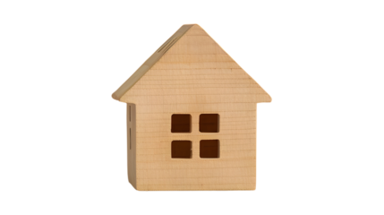 Wooden miniature house isolated on transparent background, representing simplicity