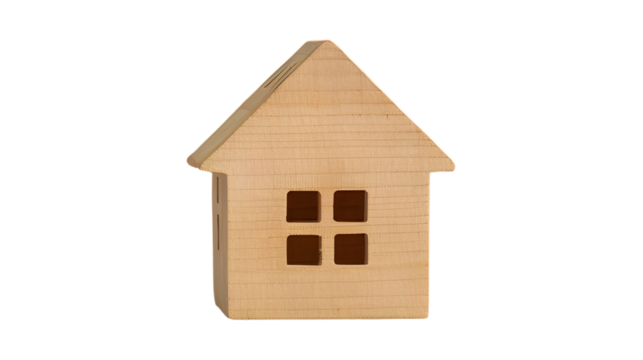 Wooden miniature house isolated on transparent background, representing simplicity