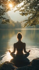 Woman meditating peacefully by a calm lake at sunrise amidst serene natural surroundings