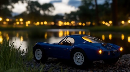 Elegant blue classic car displayed near serene waters at dusk with bokeh lights