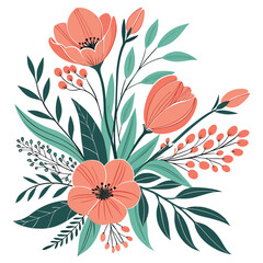 Romantic Coral and Teal Floral Bouquet Vector Illustration