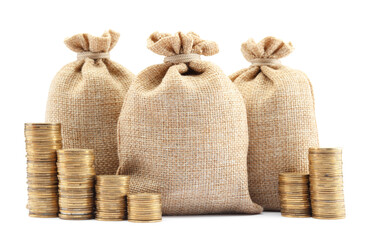 Bags and stacked coins isolated on white