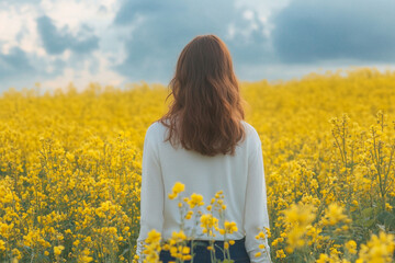 Fototapeta premium Woman walking through vibrant yellow flower field on a sunny day, peaceful nature scene