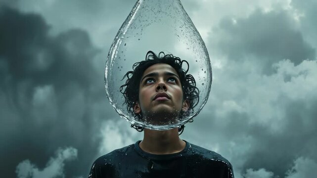 A man is standing in a rainstorm with a large water droplet on his head