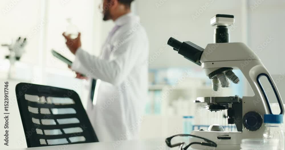 Poster Hands, person and scientist with microscope in lab for experiment, medical study and testing. Man, tablet and biotech for chemical discovery, sample and healthcare innovation and vaccine development