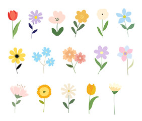 Cute Hand Drawn Flower Clipart Set, Colorful Floral Vector Illustration. Vector design elements.