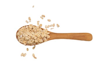 wooden spoon with rice, oat on white background, oats flakes, oatmeal food on white background 